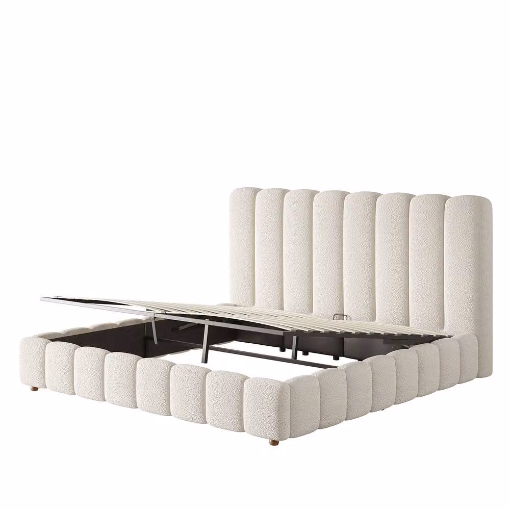 ModernLuxe White Bouclé Upholstered King Ottoman Bed with Hydraulic Storage and Headboard W/D/H: 180 x 200 cm – 2