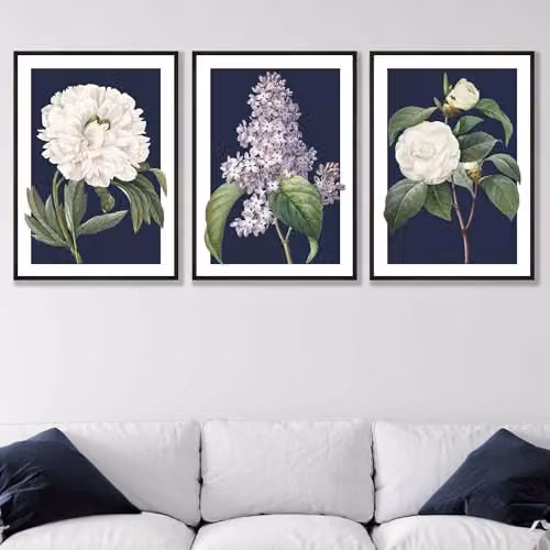 ARTZE Set of 3 Vintage Floral Botanical Paper Posters in Blue and White, W: 29.7 cm, H: 42 cm – 1