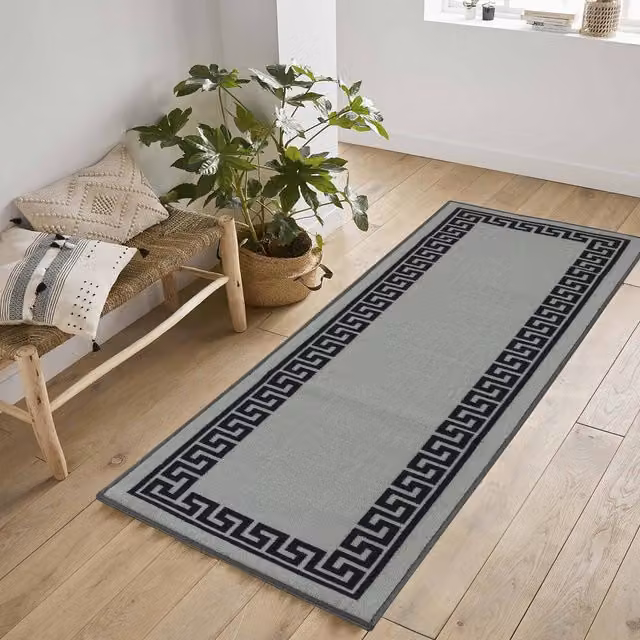 Desire Rugs Grey Geometric Greek Key Design Machine Washable Anti Slip Runner, W/D/H: 80 x 300 cm