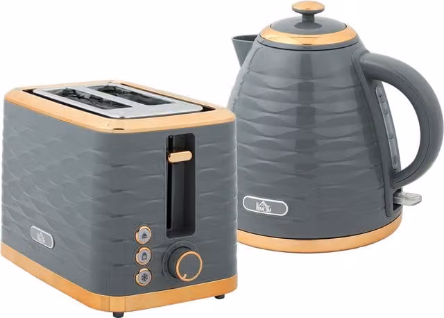 HOMCOM Grey Kettle and 2 Slice Toaster Set with 1.7 l Rapid Boil Kettle and 7 Browning Controls – 1