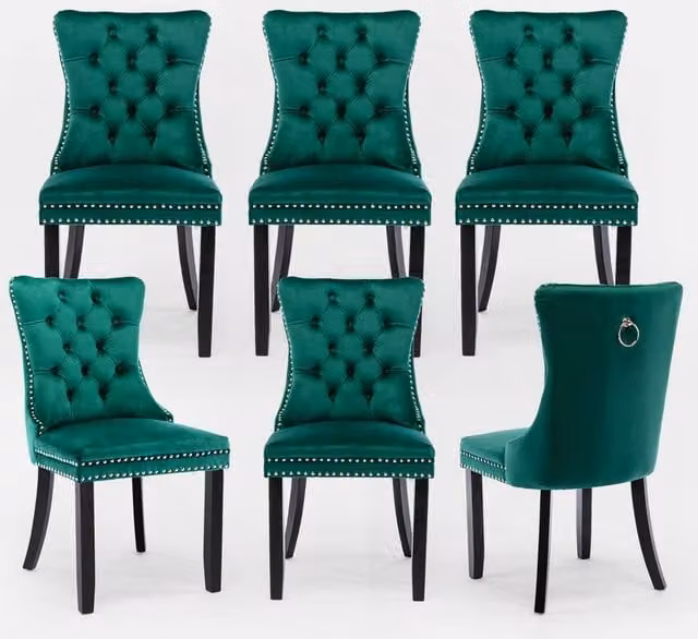 HomeTouch Romsey Set of 6 Velvet Upholstered Dining Chairs with Oak Legs and Knocker Ring Back in Dark Green – 1