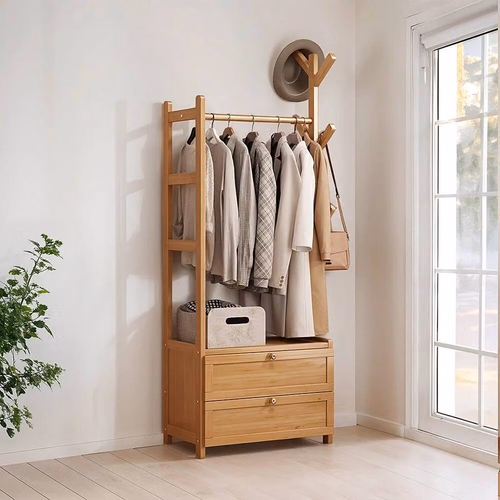 FORGEVIO Natural Wood Garment Clothes Coat Rack in Brown, W/D/H: 50 x 30 x 138 cm – 2