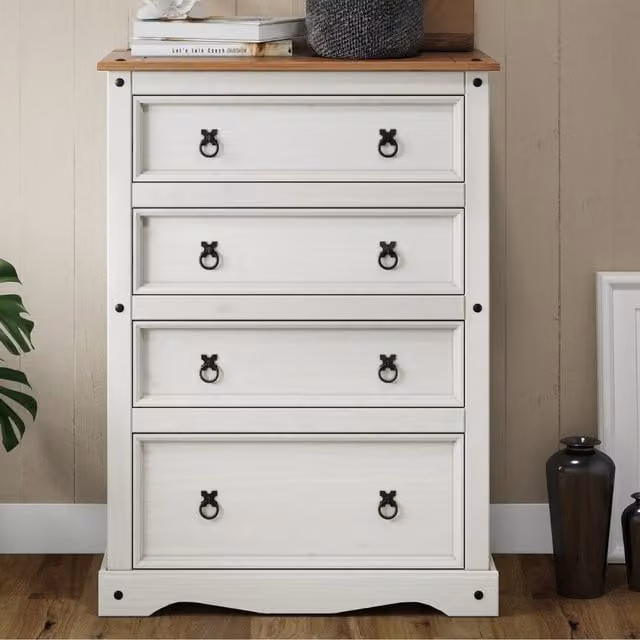 Mercers Furniture Corona Compact 4 Drawer Chest of Drawers in Distressed White Waxed Solid Pine, W/D/H: 82 x 40 x 113 cm