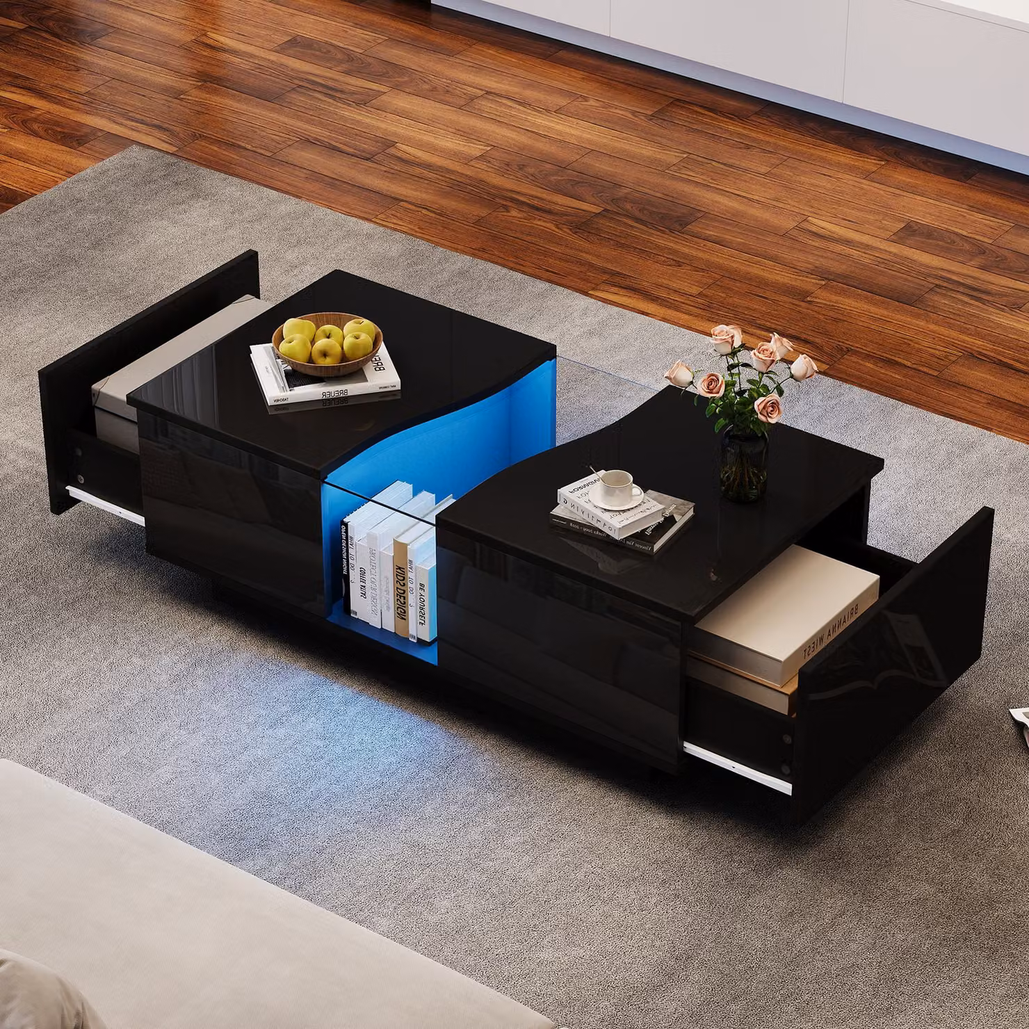 Aosom UK Modern High Gloss Coffee Table with 2 Storage Drawers and Customisable LED Lights, Black, W: 100 cm, D: 50 cm, H: 35 cm – 7
