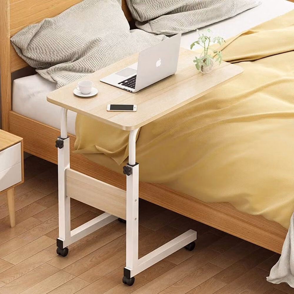 PAWNORA Height Adjustable Mobile Over Bed Table in Natural Wood and White – 3
