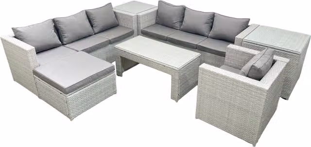 Fimous Wicker PE Rattan Garden Furniture Set in Light Grey with Coffee Table, Armchair, Footstool and Side Tables