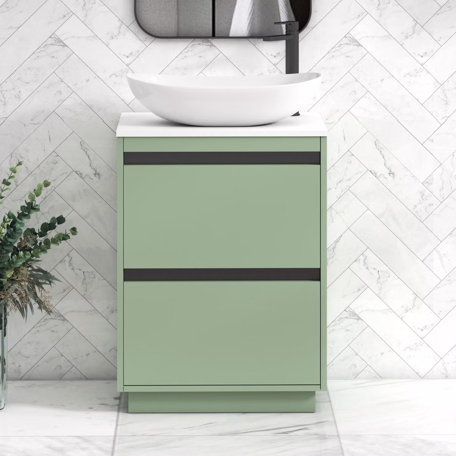 Royal Bathrooms Orion 600mm Mint Sage Floor Standing 2 Drawer Vanity Unit with Cesar Basin and Black Accent Trim