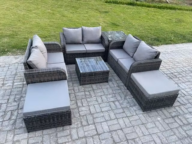 Fimous 8 Seater Grey Rattan Garden Furniture Set with U-Shape Sofa, Coffee Table, Love Seat, Two Ottomans and Side Table