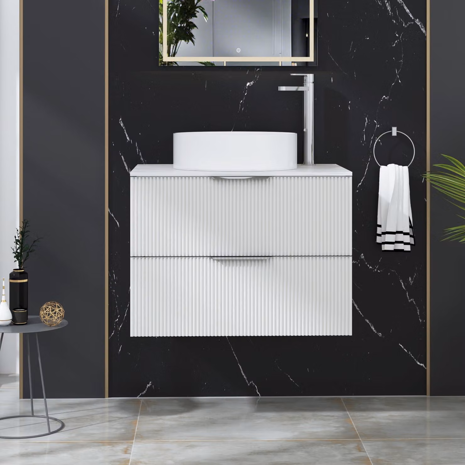 Royal Bathrooms Evora 700mm Matt White Fluted Wall Hung 2 Drawer Vanity Unit with Art Basin