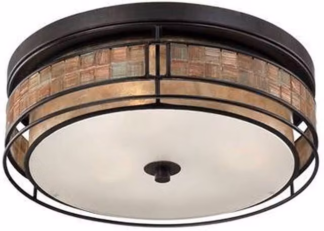 Elstead Laguna 3 Light Large Flush Mount Ceiling Light in Renaissance Copper and Brown with Mica and Glass