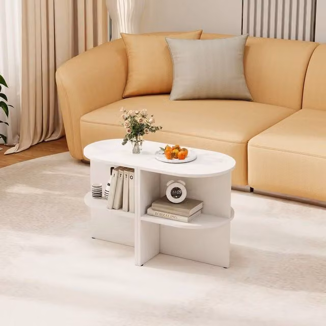 FORGEVIO 2-Tier Half Round Wooden Side Table and Nightstand in White, W/D/H: 38 x 38 x 48 cm