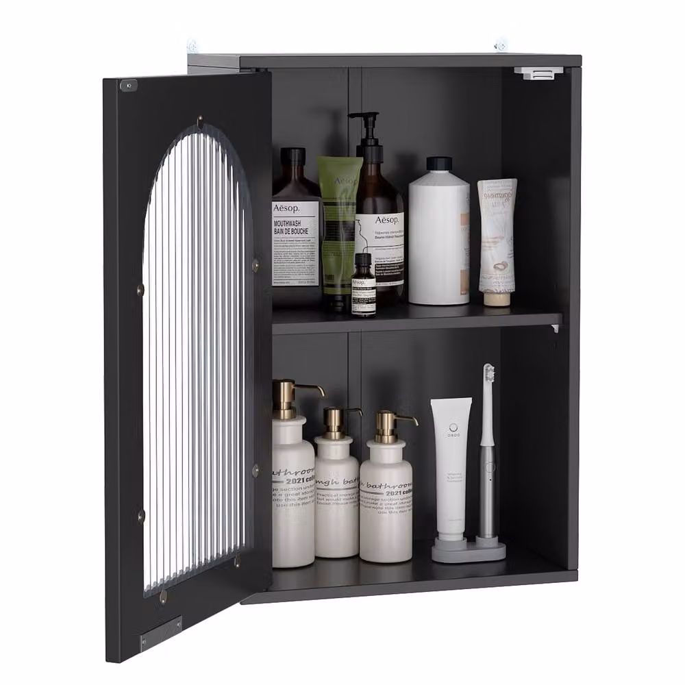 Costway Modern Black Wooden Wall Mounted Bathroom Medicine Cabinet with Glass Doors and Internal Shelves – 3