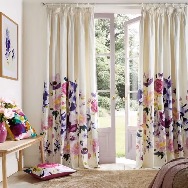Bluebellgray Taransay Ready Made Semi-Transparent Floral Pencil Pleat Curtains in Fuchsia