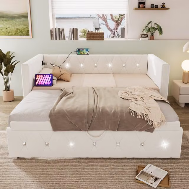 Aosom UK 3 Seater Beige Velvet Upholstered Pull Out Sofa Bed with Removable Trundle and USB Charging Ports – 1