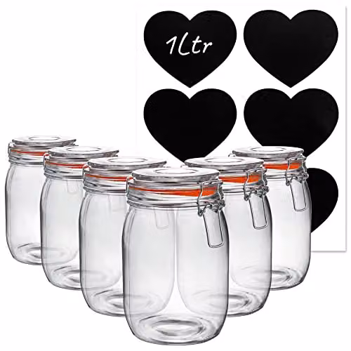 Argon Tableware Glass Storage Jars with Labels, 1 l, Pack of 6, Orange, White, Transparent and Black Seals – 1