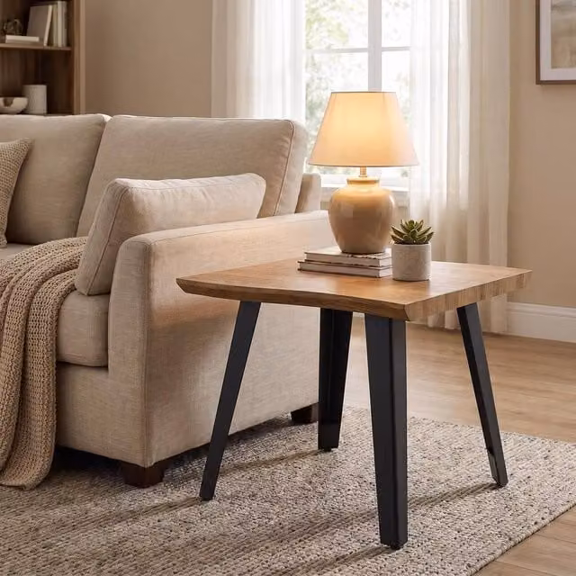 FWStyle Nassau Wave Edge Side Table with Oak Effect Top and Black Metal Frame in Brown, W/D/H: 60 x 48 x 60 cm – 1