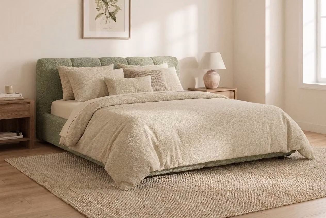 Araco Atelier Nocta Laurel Upholstered Modern Bed in Beige or Green
