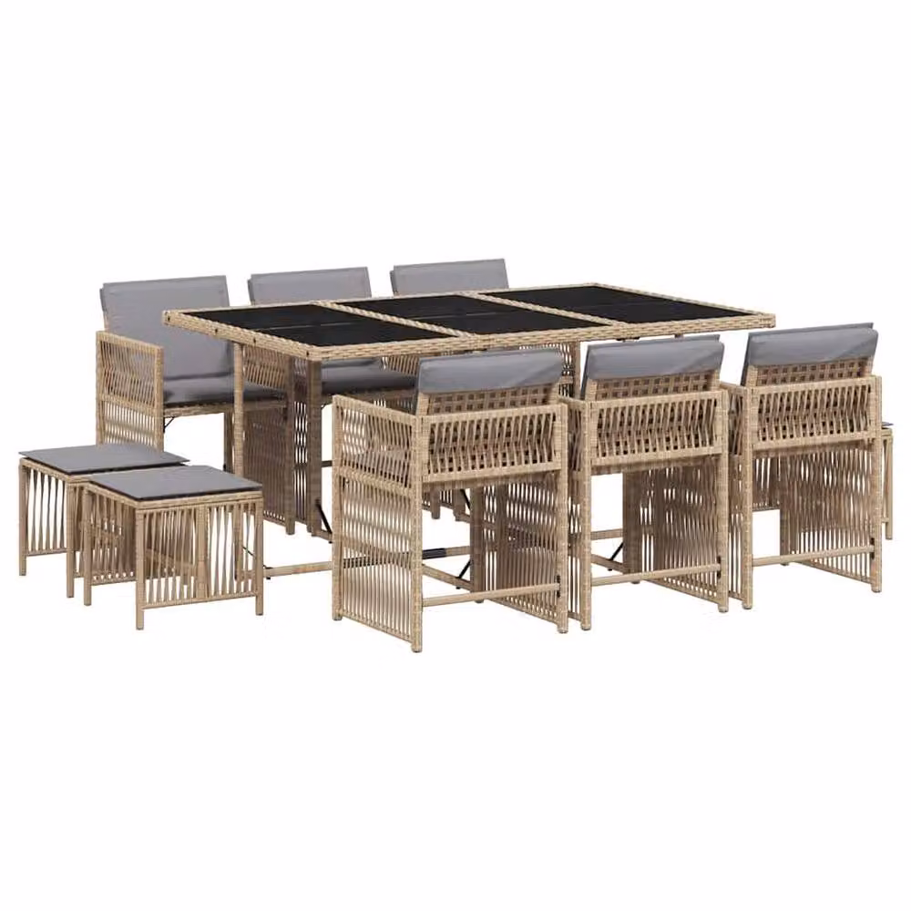 Berkfield Home 11 Piece Garden Dining Set with Beige Cushions and Poly Rattan – 2