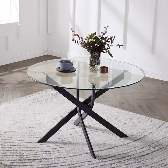 GRS Round Clear Glass Dining Table with 6 Grey Faux Leather Chairs and Black Legs, Diameter: 120 cm, Height: 75 cm
