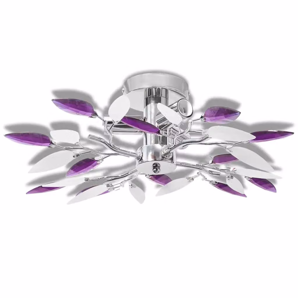 Berkfield Home Modern Ceiling Lamp in White and Purple with Chrome Metal and Crystal Leaf Arms, Requires 3 x E14 Bulbs – 2