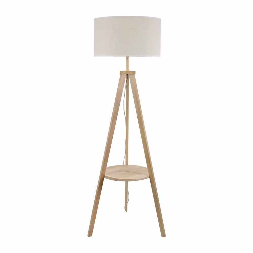 ValueLights Morrigan Natural Wood Tripod Floor Lamp with White Fabric Drum Shade and LED Bulb – 2