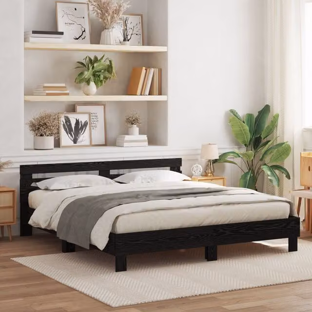 Berkfield Home Modern Solid Wood Bed Frame in Black Oak, W/D/H: 200 x 200 x 204 cm – 1