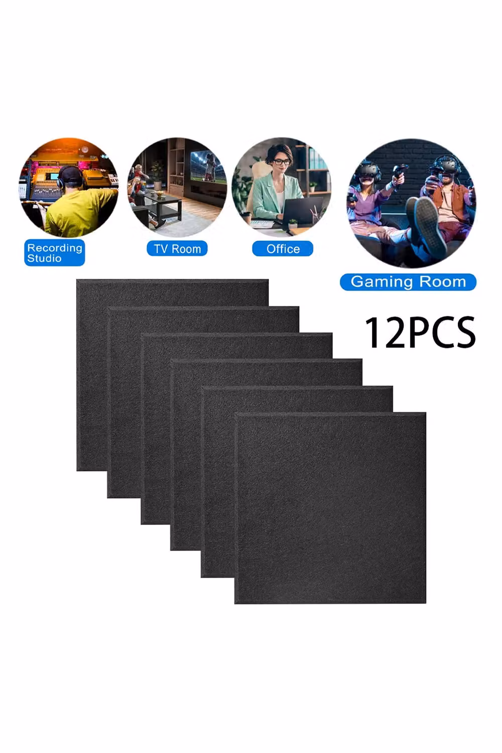 Living and Home 12-Piece Self-adhesive Black Felt Sound Absorbing Panels, W/D/H: 30 x 30 x 0.9 cm – 3