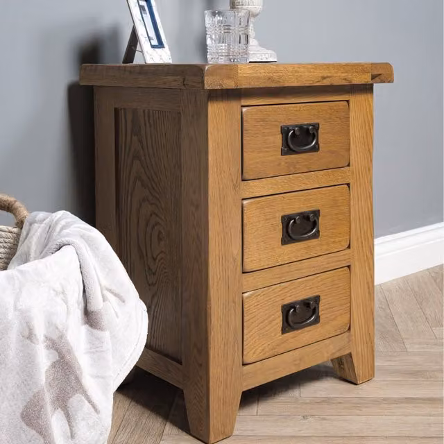 Elm Home And Garden Rustic Oak 3 Drawer Bedside Cabinet in Brown