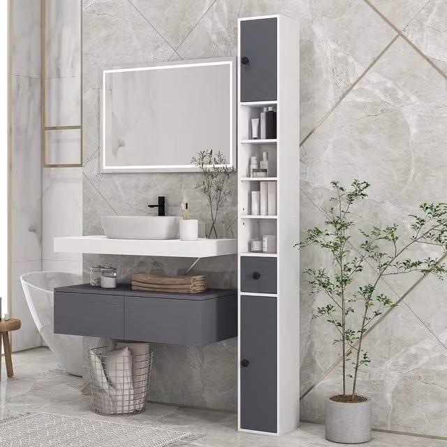 Kleankin Tall Slim Grey Bathroom Cabinet with LED Lighting and Internal Shelves