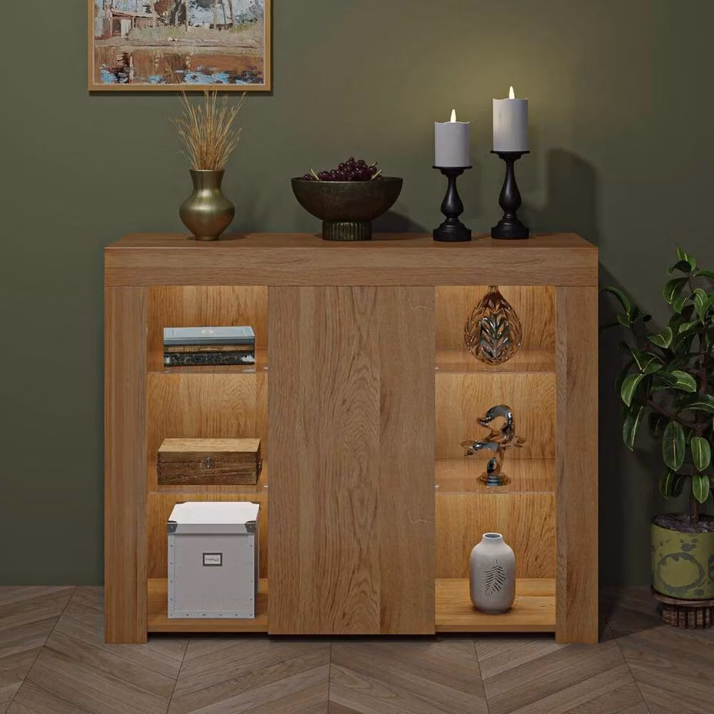 ERGOVEXA Modern 1 Door Oak Sideboard Display Cabinet and TV Unit Stand with Integrated LED Lights in Brown – 2