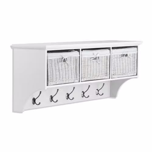 Statement Furniture Tetbury Wall Mounted Coat Rack with 3 Rattan Storage Baskets and Hanging Shelf, White, Width: 113 cm, Depth: 28 cm, Height: 43 cm – 1