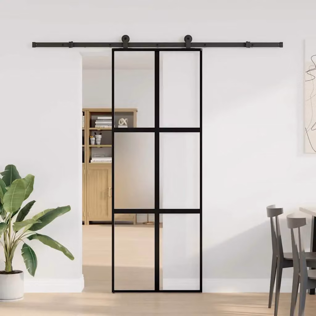Berkfield Home Modern Sliding Door with Hardware Set, Black Aluminium and Transparent Tempered Glass, W: 76 cm, H: 205 cm – 2