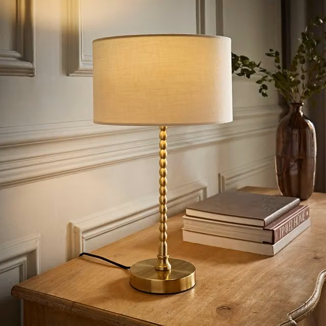 Maeve Brushed Gold Bobble Table Lamp with White Fabric Drum Shade