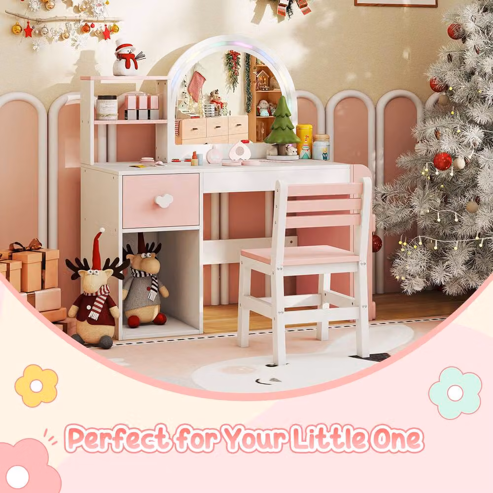 Costway Kids Vanity Table and Chair Set, Multicolour Dressing Table and Makeup Table Set – 2