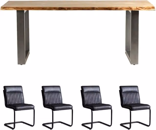 IH Design Acacia Wood Rectangular Dining Table and 4 Chairs Set with Live Edge in Brown, Black and Grey