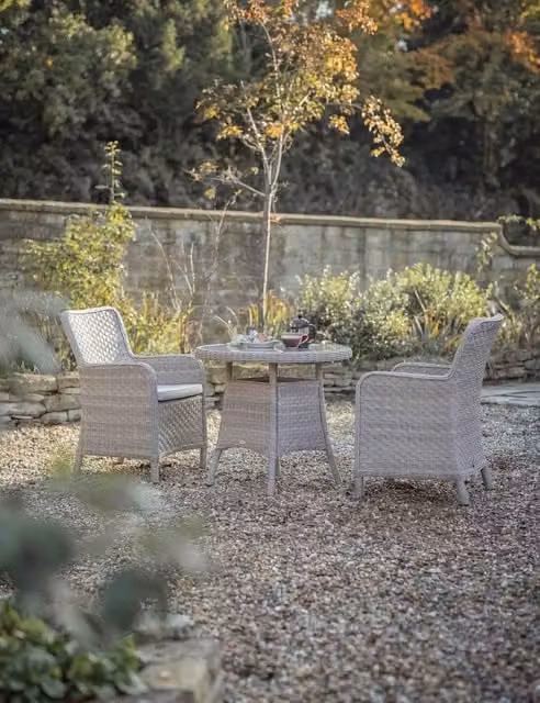 Bramblecrest Patagonia Polyrattan Bistro Set with Glass Top Round Table and 2 Chairs in Beige and Grey