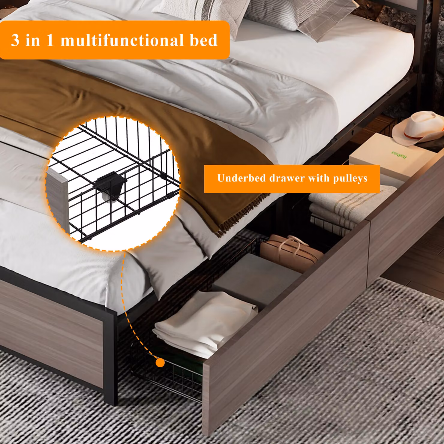 Matteo Metal Single Bed in Black with LED Under-bed Lighting, USB Charging Port and 4 Drawers, W/D/H: 90 x 190 cm – 6
