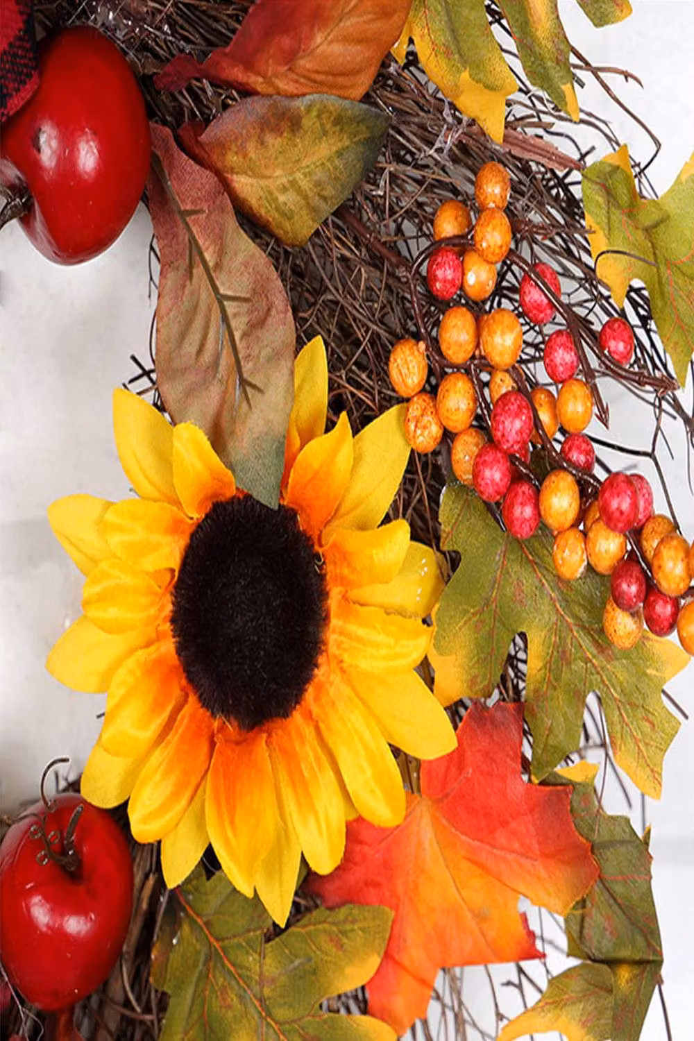 Garden Sanctuary Prelit Autumn Wreath with Artificial Maple Leaves and Sunflowers in Orange – 8