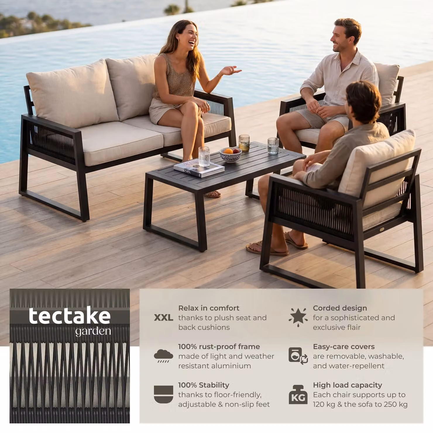 tectake Captive 4-Person Garden Lounge Set in Anthracite Grey with Powder Coated Aluminium Frame and Upholstered Cushions – 2
