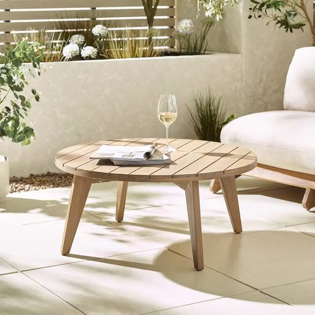 FurnitureboxUK Iko Round Acacia Wood Garden Coffee Table in Natural Brown