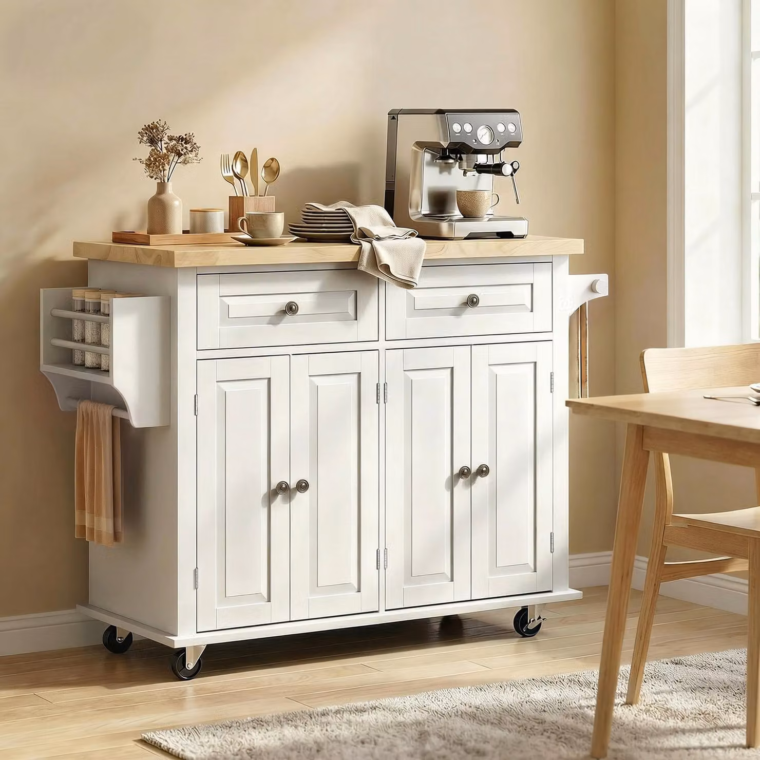 HOMCOM Rolling Kitchen Island Trolley with Rubberwood Top and Drawers, White – 6
