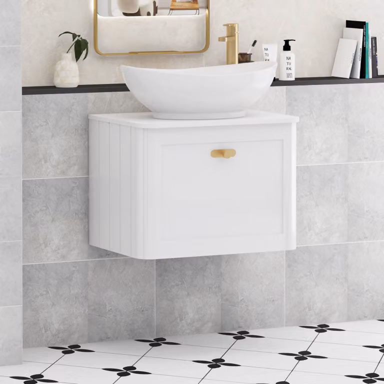 Royal Bathrooms Henley 600mm Gloss White Wall Hung Vanity Unit with Amaze Basin and Brushed Brass Knob