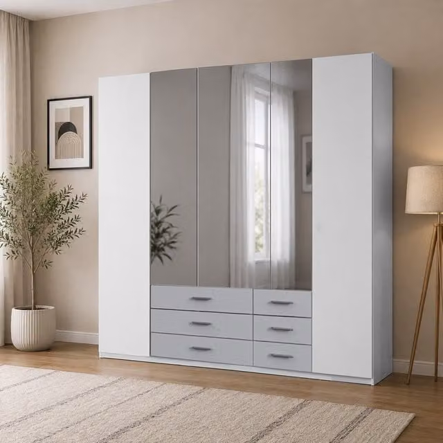 Ball White and Grey 5 Door Wardrobe with Mirror and 6 Integrated Drawers, Width: 225 cm