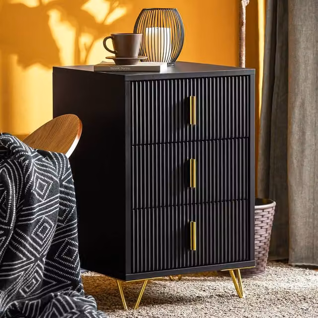 SoBuy 3 Drawer Bedside Table with Ribbed Front and Gold Handles in Black, Height: 63 cm – 1