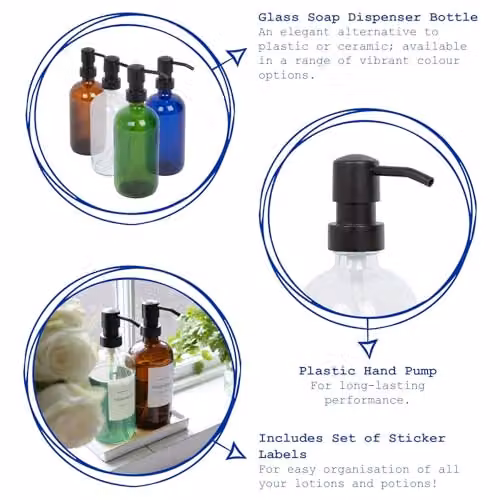 Harbour Housewares Pack of 2 Blue Glass Soap Dispensers with Black Pumps and White Labels, 500ml – 2