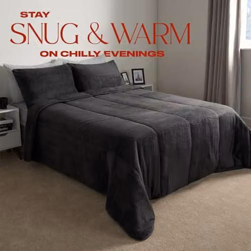 OHS Teddy Fleece 10.5 Tog Coverless Duvet and Pillowcase Set, Charcoal Grey, W/D/H: 200 x 200 cm – 4