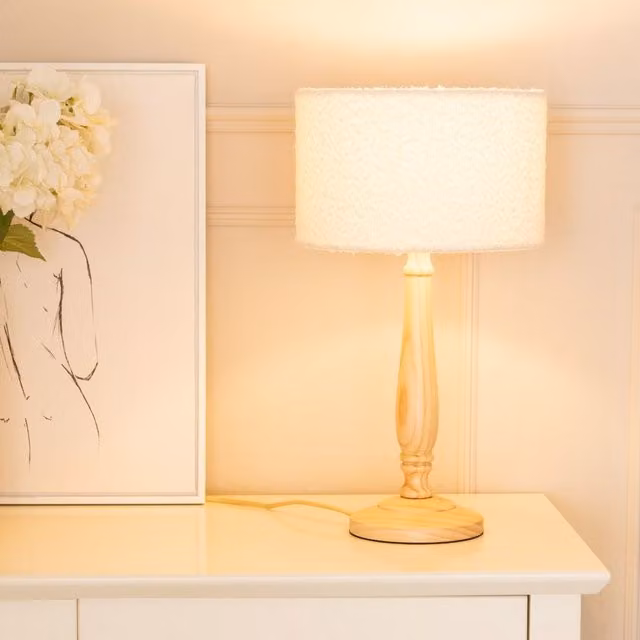ValueLights Victoria Candlestick Wood Table Lamp with Beige Boucle Drum Shade