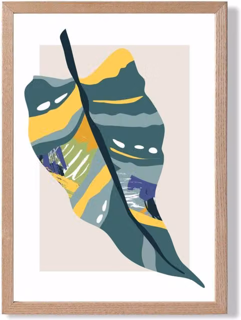 ARTZE Tropical Palm Mid Century Modern Framed Botanical Print in Petrol, Green, Purple and Multicolour with Oak Wood Frame