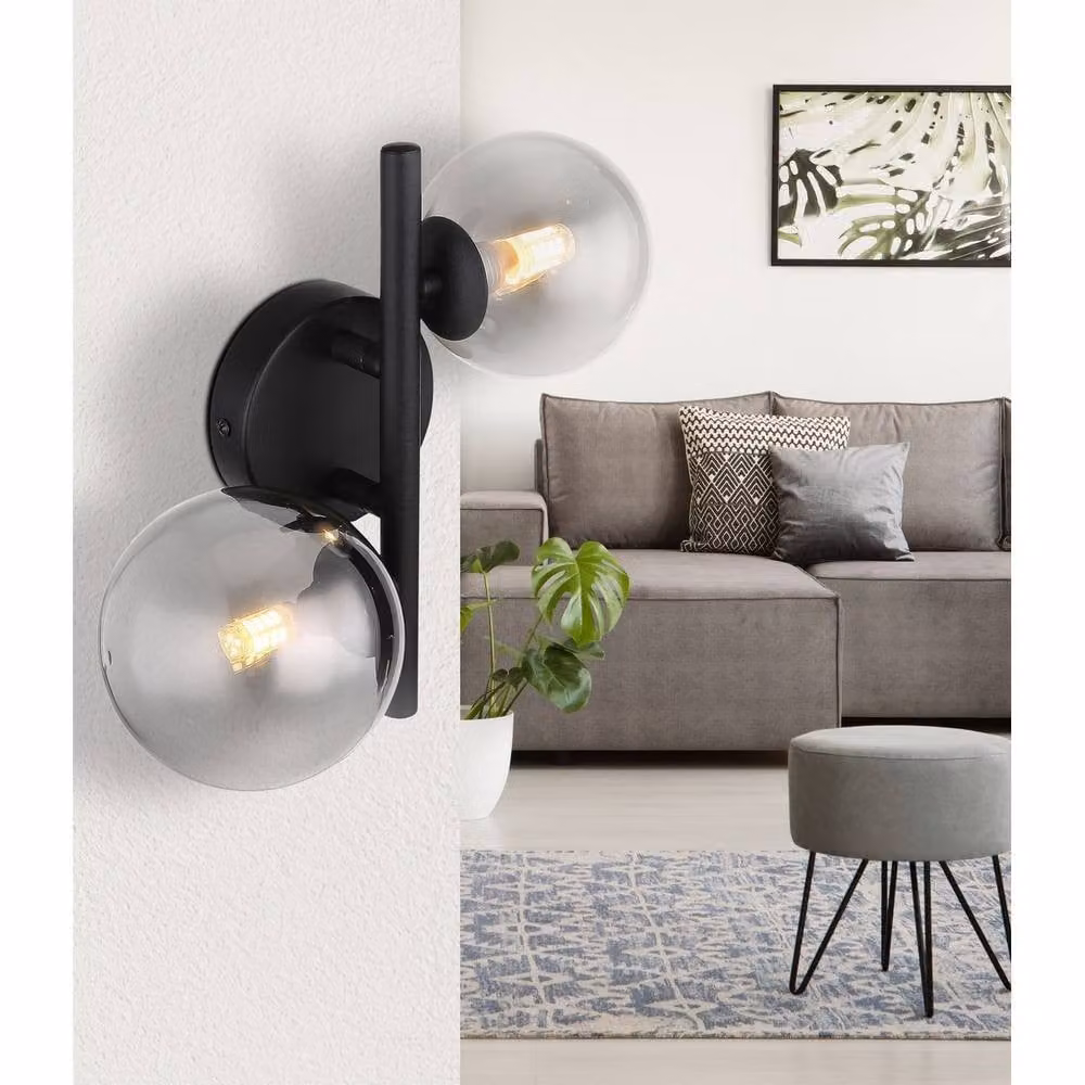 Netlighting Riha Globe Wall Lights in Matt Black with Smoke Glass Shade, 2x G9 Warm White LED – 3