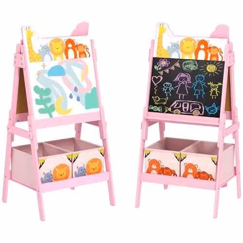 AIYAPLAY 2 in 1 Kids Easel with Whiteboard, Chalkboard and Storage Boxes, Pink